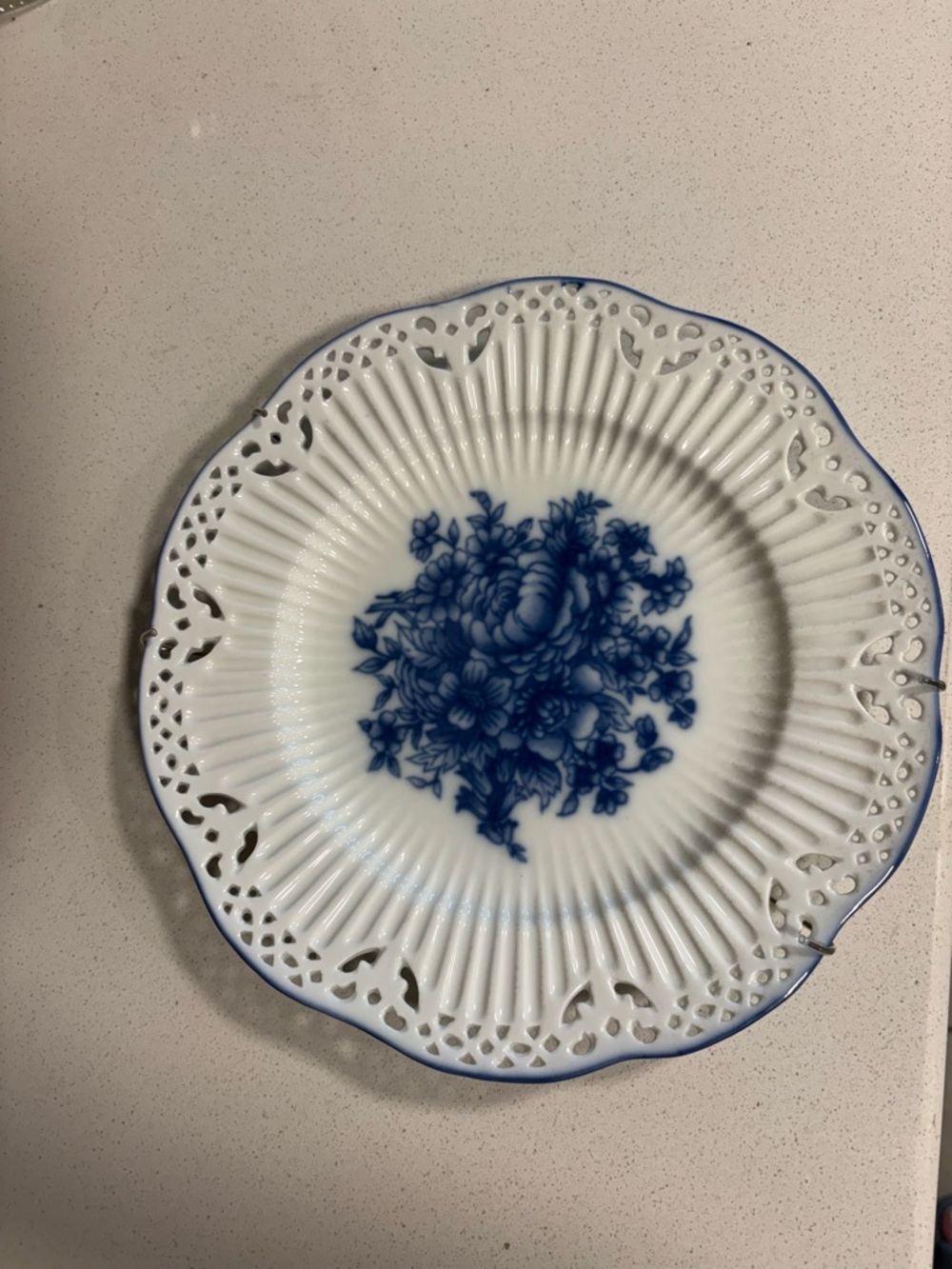 White Porcelain Decorative Plate with Blue Floral Center